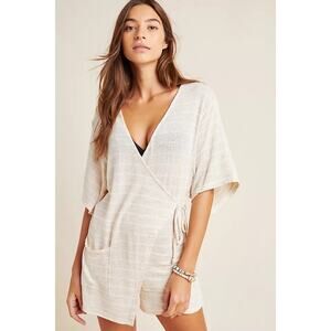 L*SPACE Kimono Romper Beige White Stripe Knit Wrap Cover Up Size XS/Small